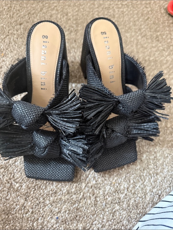 Gianni Bini Shoes - Gianni Bini Black Raffia Knot Slide Heels with Tassel Detail